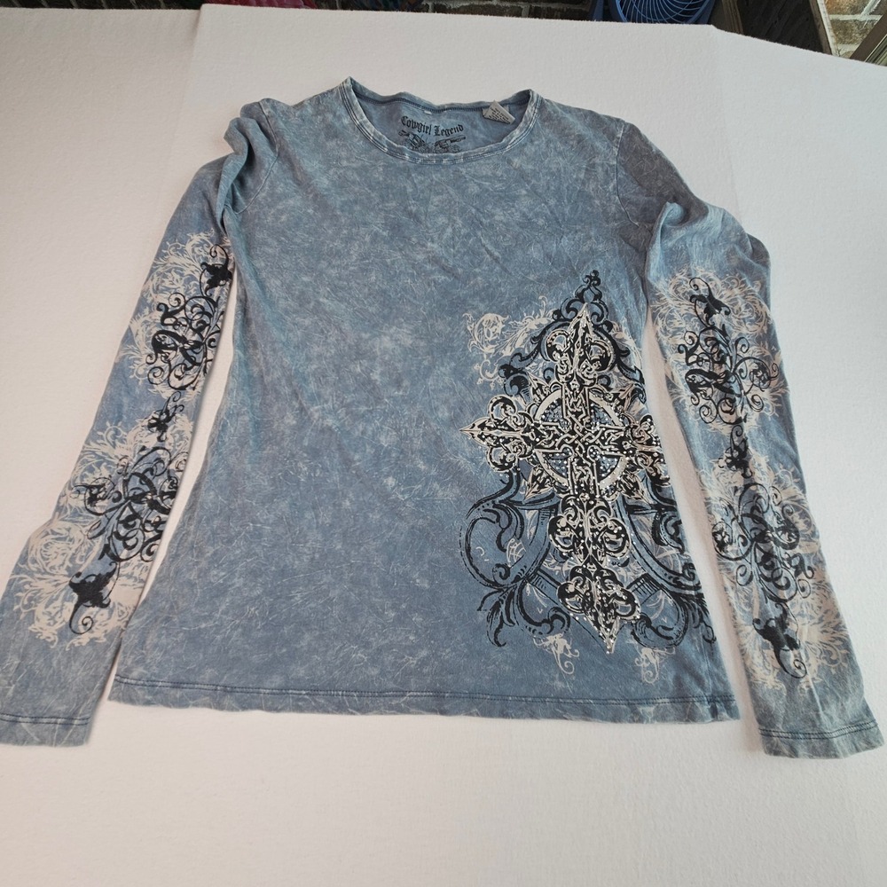 Cowgirl Legend Vintage Y2K Blue Acid Wash Rhinestone Cross Long Sleeve Top Flaws